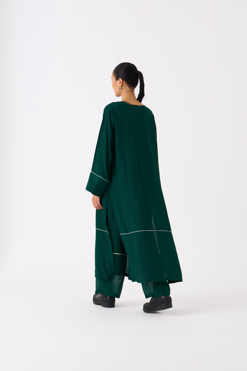 V-NECK KAFTAN- DARK GREEN bemberg by THREE in green color for women in Singapore