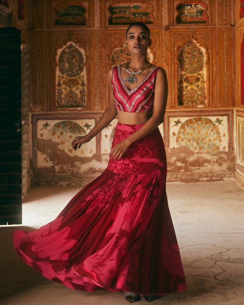 Khel Pink And Red Printed Lehenga mul by Rajiramniq in multi color for women in Singapore