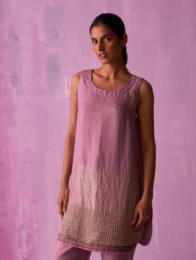 Irum Hand-Embroidered Sleeveless Kurta - Lavender linen by Manan for women in Singapore
