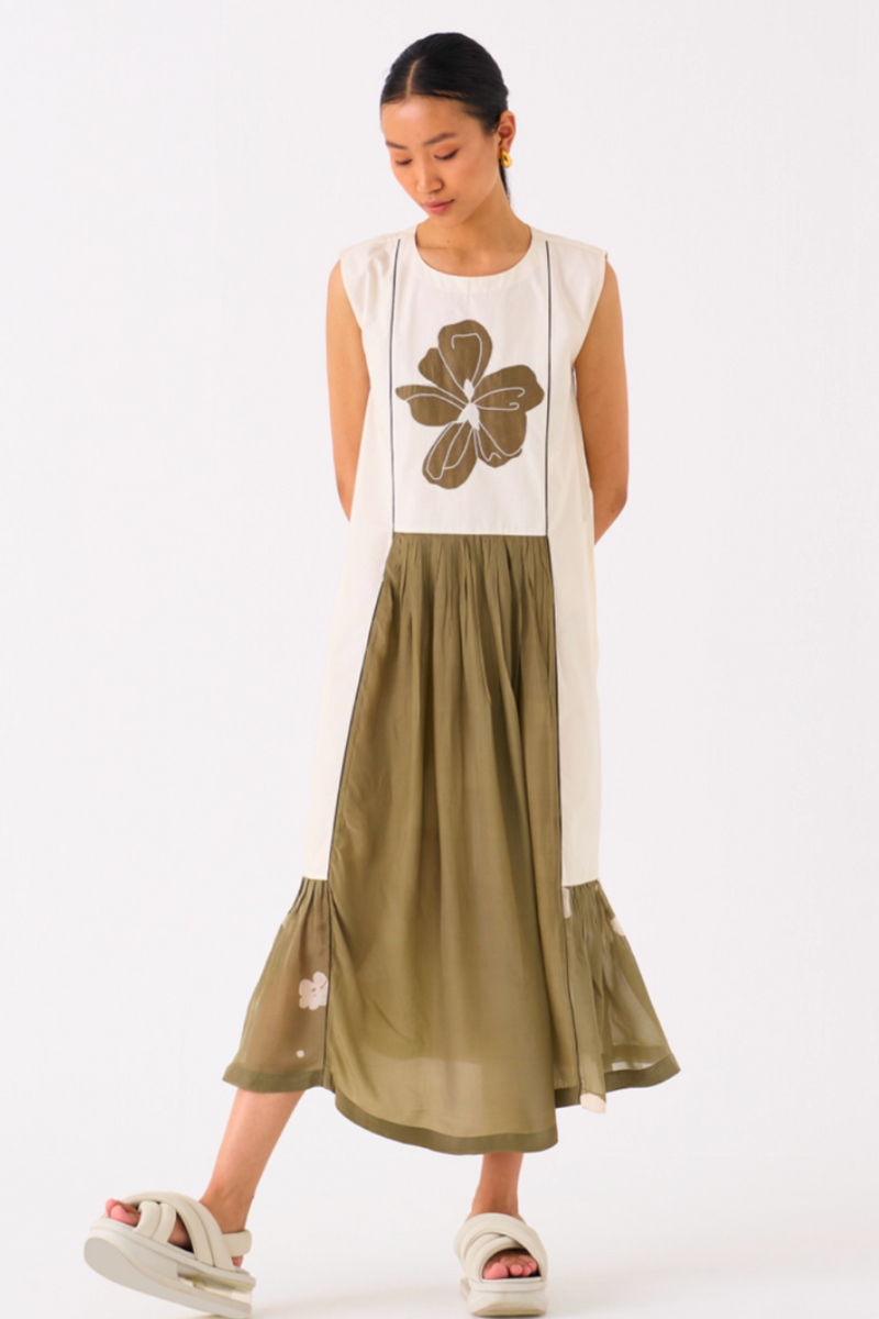 FLORAL PANELLED DRESS-IVORY/OLIVE poplin by THREE in olive color for women in Singapore