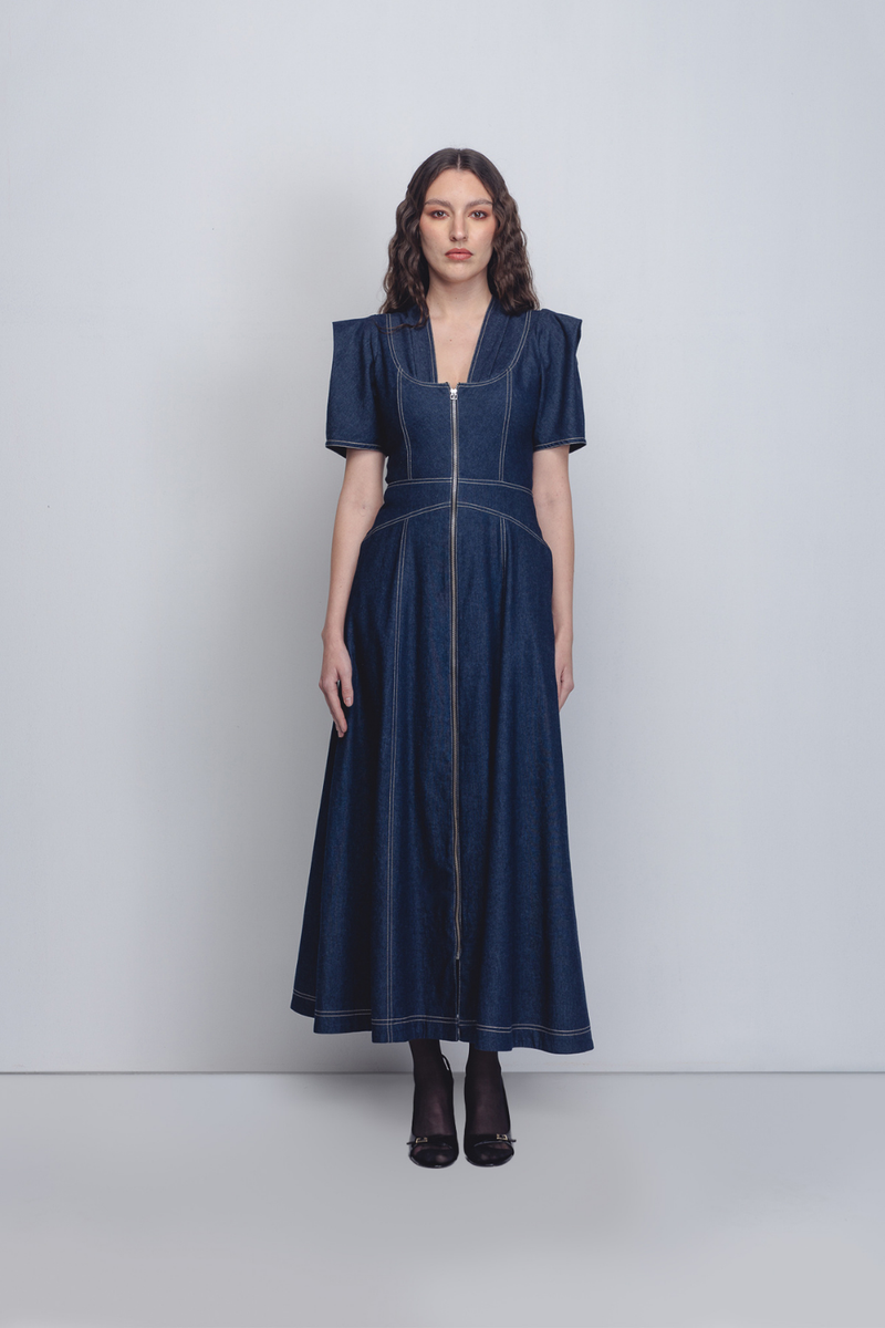Denim Panelled Dress - Denim Blue cotton Buy Denim Panelled Dress - Denim Blue from C&W | Dresses for Women by Leh Studios in blue color for women in Singapore