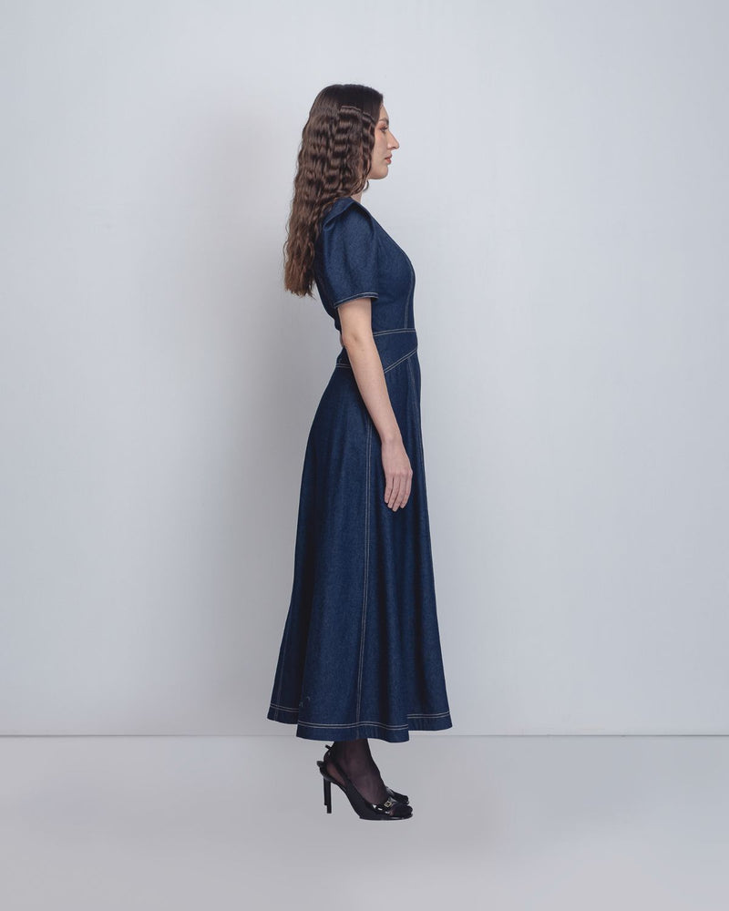 Denim Panelled Dress - Denim Blue cotton Buy Denim Panelled Dress - Denim Blue from C&W | Dresses for Women by Leh Studios in blue color for women in Singapore