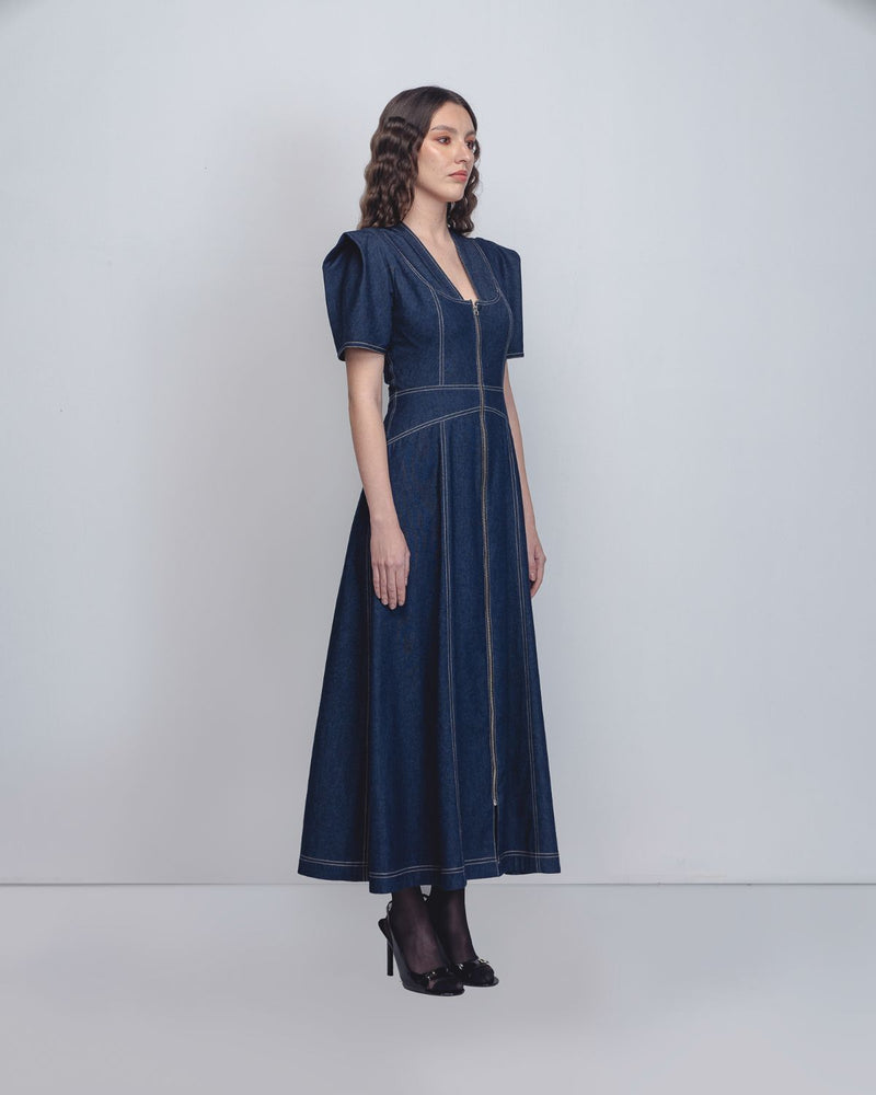 Denim Panelled Dress - Denim Blue cotton Buy Denim Panelled Dress - Denim Blue from C&W | Dresses for Women by Leh Studios in blue color for women in Singapore
