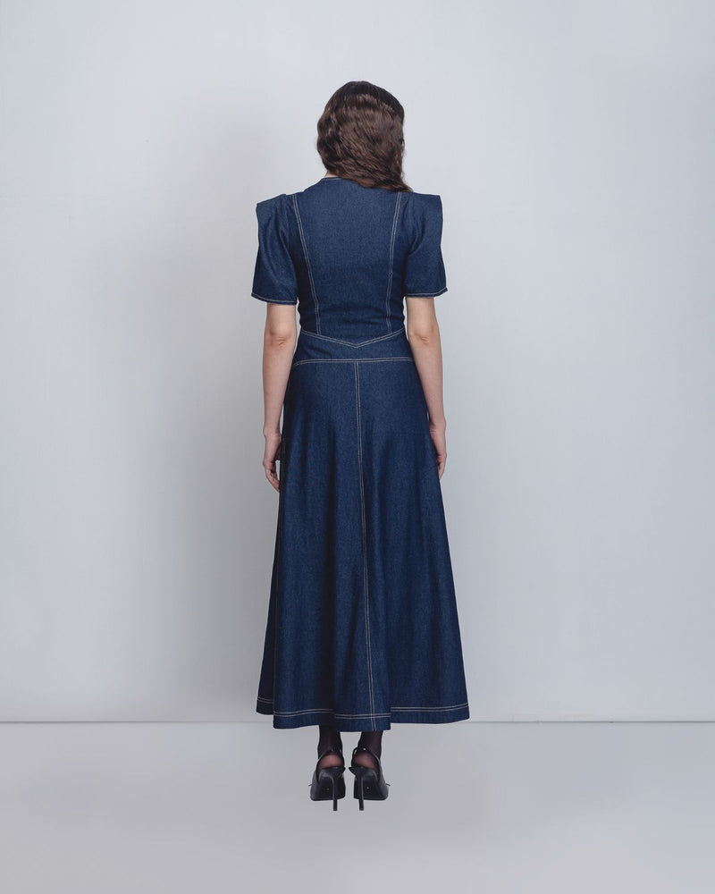 Denim Panelled Dress - Denim Blue cotton Buy Denim Panelled Dress - Denim Blue from C&W | Dresses for Women by Leh Studios in blue color for women in Singapore