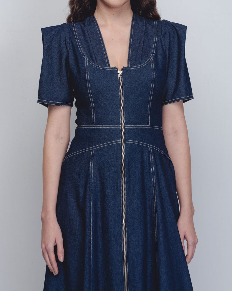 Denim Panelled Dress - Denim Blue cotton Buy Denim Panelled Dress - Denim Blue from C&W | Dresses for Women by Leh Studios in blue color for women in Singapore