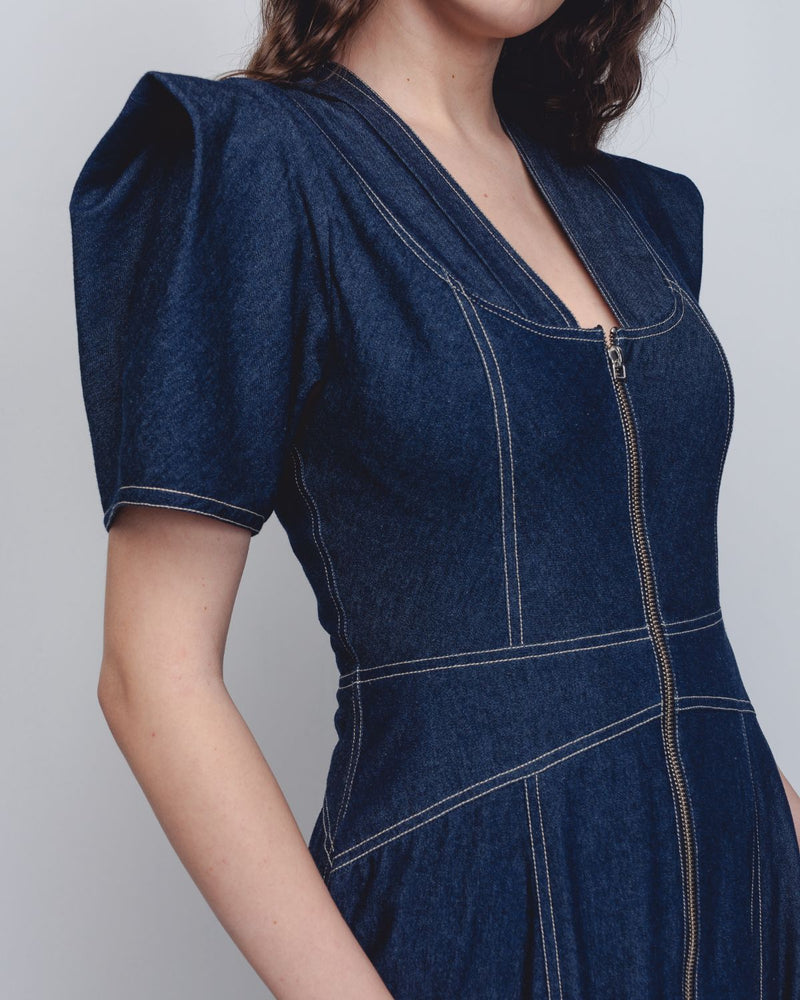 Denim Panelled Dress - Denim Blue cotton Buy Denim Panelled Dress - Denim Blue from C&W | Dresses for Women by Leh Studios in blue color for women in Singapore