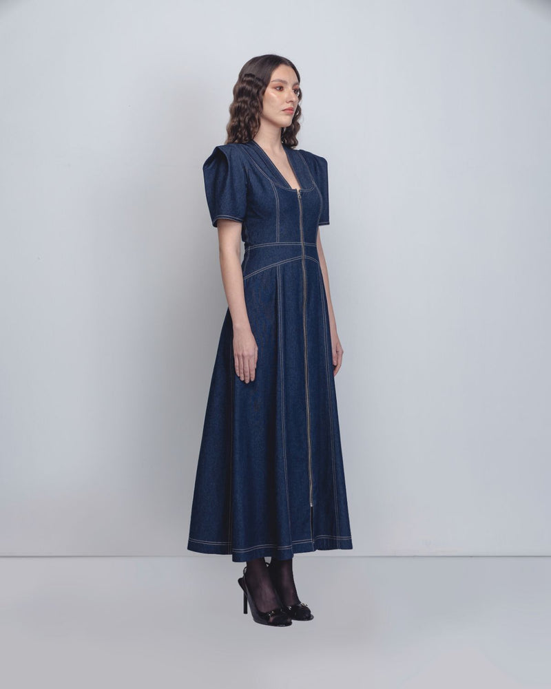Denim Panelled Dress - Denim Blue cotton Buy Denim Panelled Dress - Denim Blue from C&W | Dresses for Women by Leh Studios in blue color for women in Singapore