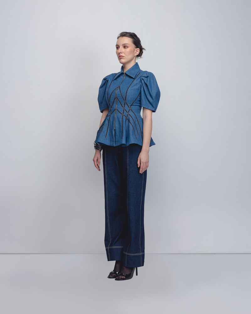 Spirale Denim Top - Denim Blue cotton Buy Spirale Denim Top - Denim Blue from C&W | Tops And Shirts for Women by Leh Studios in blue color for women in Singapore