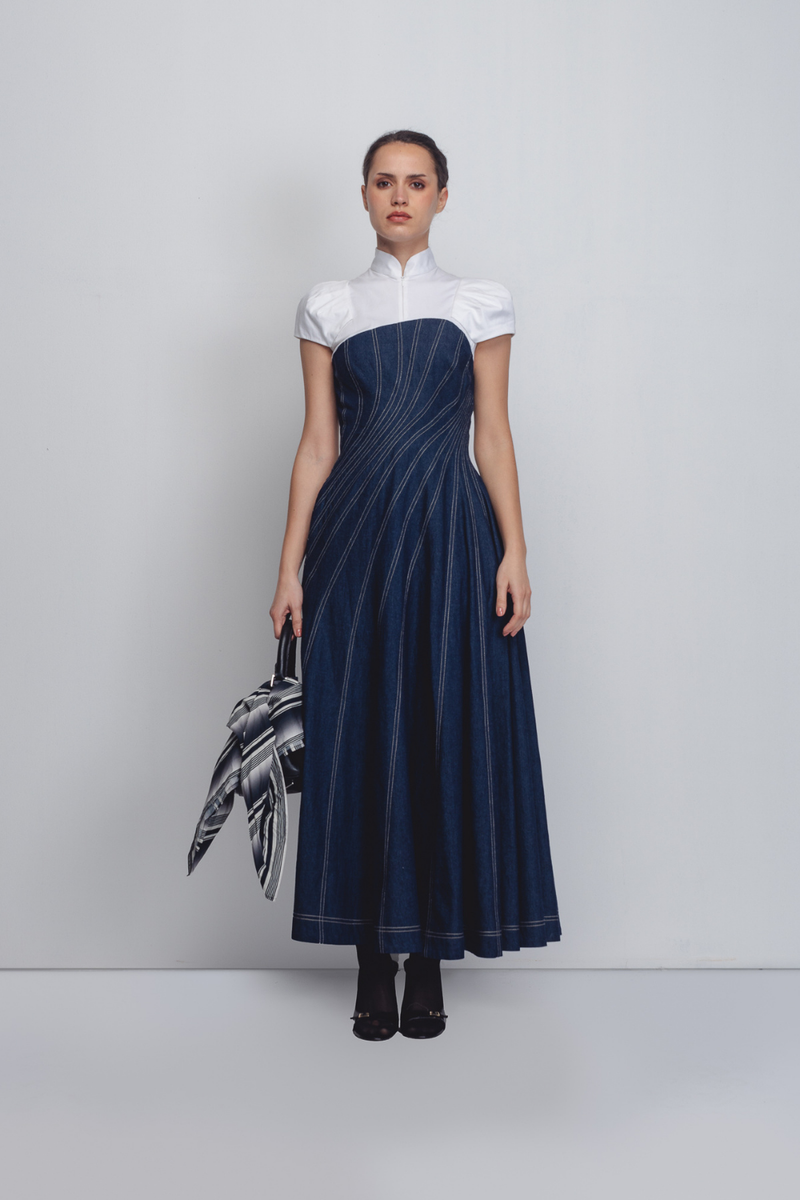 Denim Swirl Dress - Denim Blue + White cotton Buy Denim Swirl Dress - Denim Blue + White from C&W | Dresses for Women by Leh Studios in white color for women in Singapore