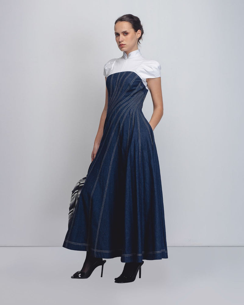 Denim Swirl Dress - Denim Blue + White cotton Buy Denim Swirl Dress - Denim Blue + White from C&W | Dresses for Women by Leh Studios in white color for women in Singapore