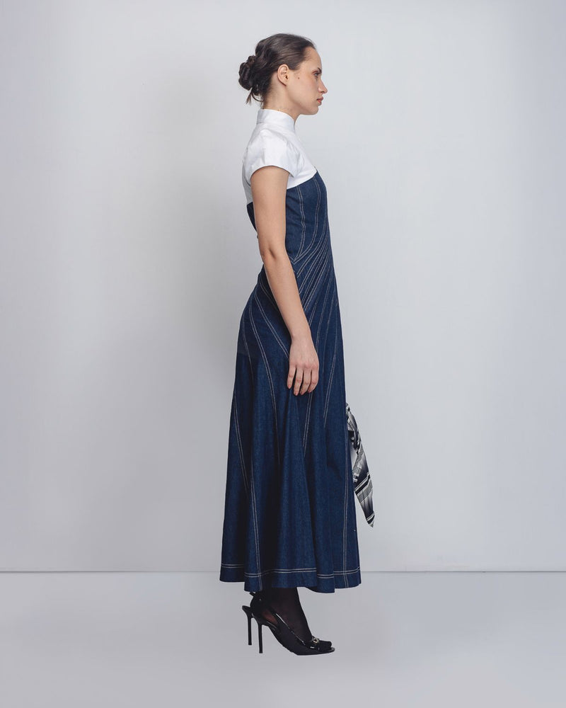 Denim Swirl Dress - Denim Blue + White cotton Buy Denim Swirl Dress - Denim Blue + White from C&W | Dresses for Women by Leh Studios in white color for women in Singapore