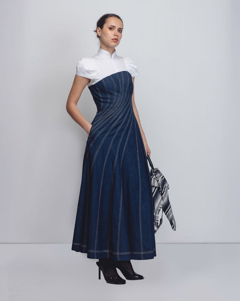 Denim Swirl Dress - Denim Blue + White cotton Buy Denim Swirl Dress - Denim Blue + White from C&W | Dresses for Women by Leh Studios in white color for women in Singapore
