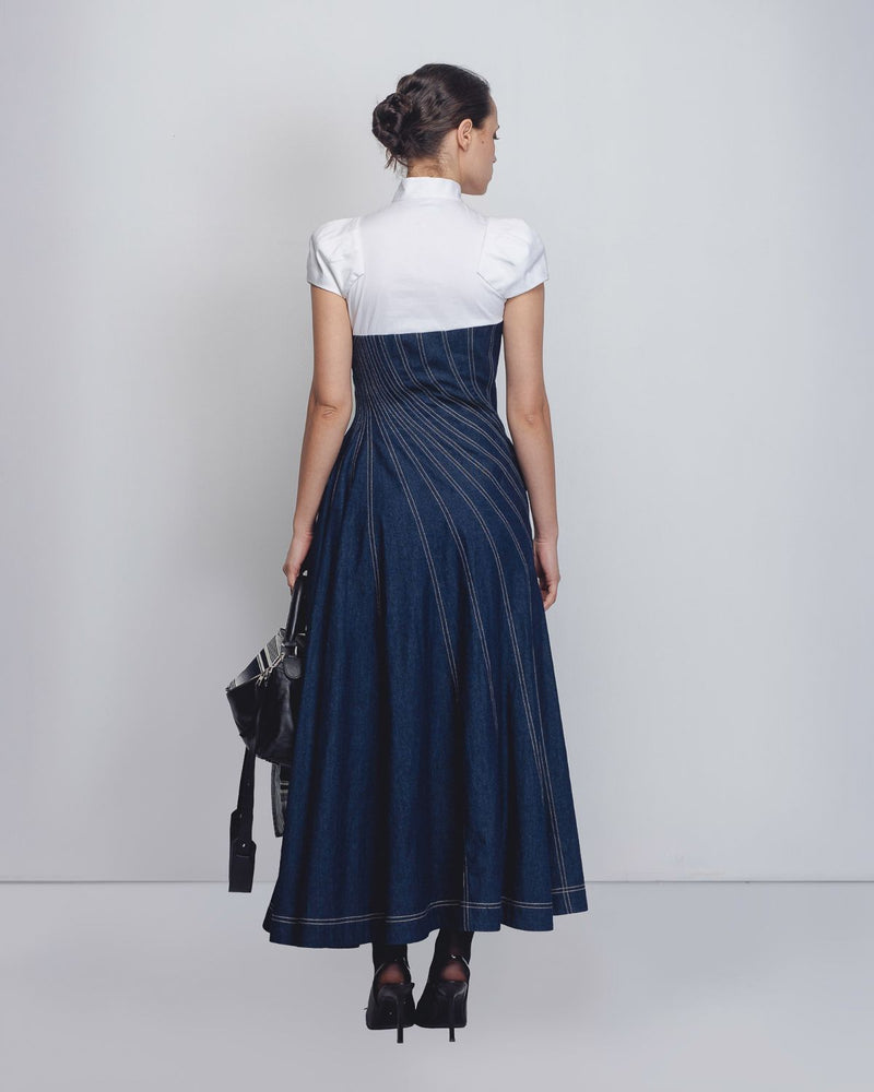 Denim Swirl Dress - Denim Blue + White cotton Buy Denim Swirl Dress - Denim Blue + White from C&W | Dresses for Women by Leh Studios in white color for women in Singapore