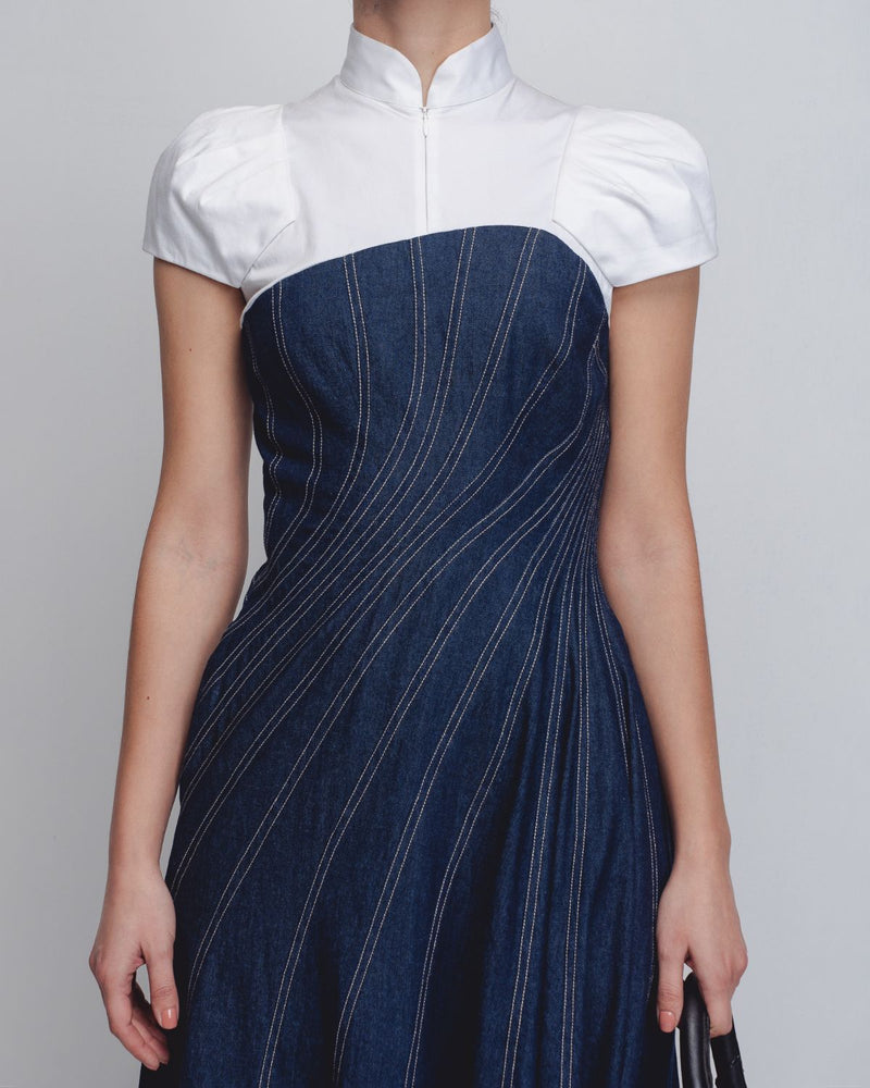 Denim Swirl Dress - Denim Blue + White cotton Buy Denim Swirl Dress - Denim Blue + White from C&W | Dresses for Women by Leh Studios in white color for women in Singapore
