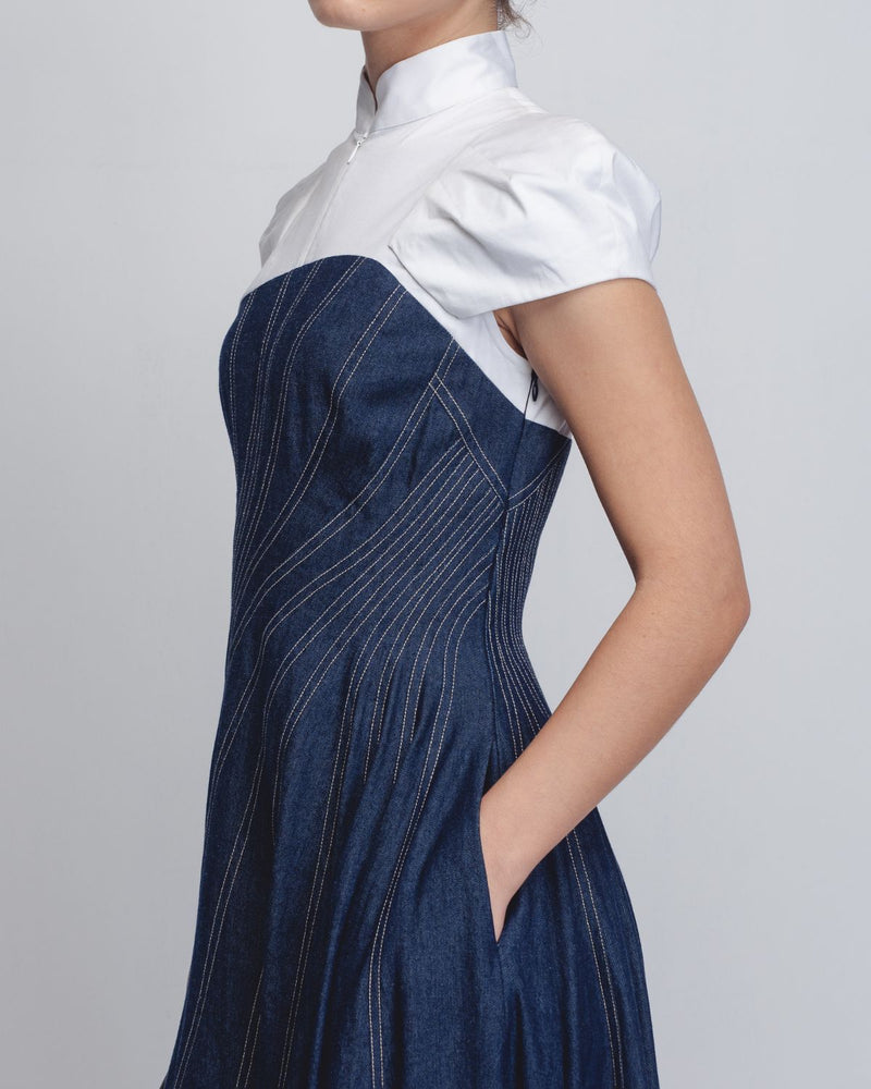 Denim Swirl Dress - Denim Blue + White cotton Buy Denim Swirl Dress - Denim Blue + White from C&W | Dresses for Women by Leh Studios in white color for women in Singapore