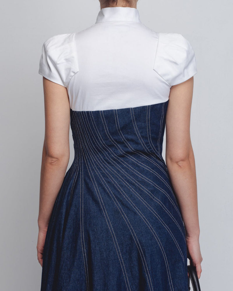 Denim Swirl Dress - Denim Blue + White cotton Buy Denim Swirl Dress - Denim Blue + White from C&W | Dresses for Women by Leh Studios in white color for women in Singapore