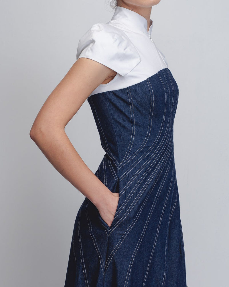Denim Swirl Dress - Denim Blue + White cotton Buy Denim Swirl Dress - Denim Blue + White from C&W | Dresses for Women by Leh Studios in white color for women in Singapore