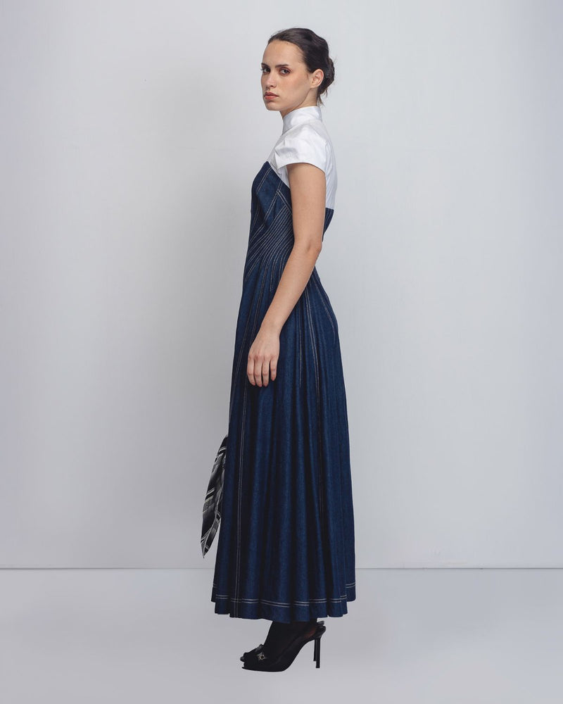 Denim Swirl Dress - Denim Blue + White cotton Buy Denim Swirl Dress - Denim Blue + White from C&W | Dresses for Women by Leh Studios in white color for women in Singapore