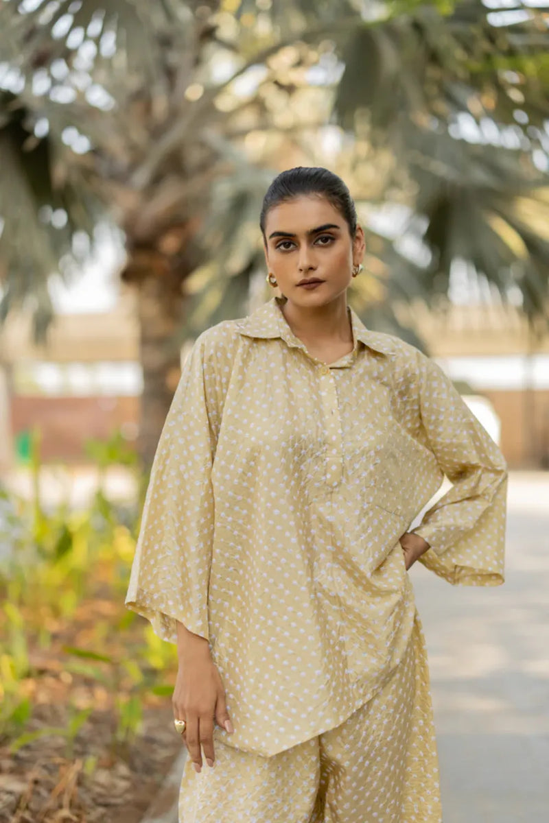 DIA SHIRT -GOLD silk by Dyelogue in gold color for women in Singapore