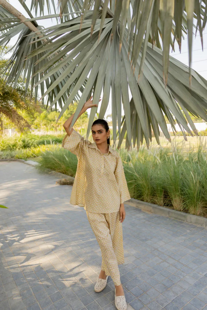 DIA SHIRT -GOLD silk by Dyelogue in gold color for women in Singapore