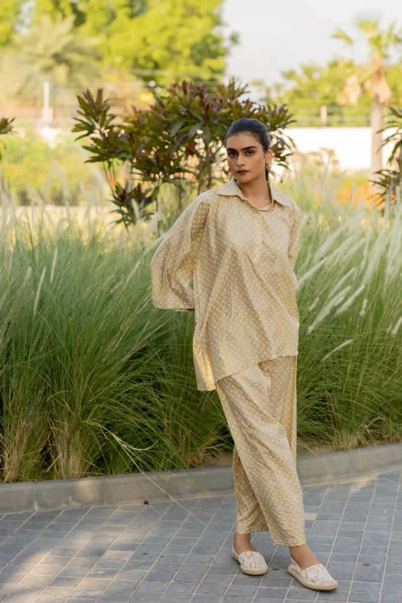 DIA SHIRT -GOLD silk by Dyelogue in gold color for women in Singapore