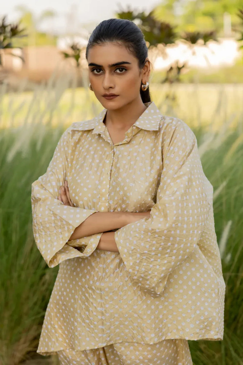 DIA SHIRT -GOLD silk by Dyelogue in gold color for women in Singapore