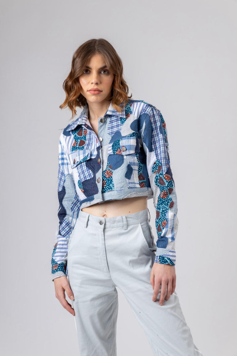 JUNE PATCHWORK JACKET by Doodlage in blue color for women in Singapore