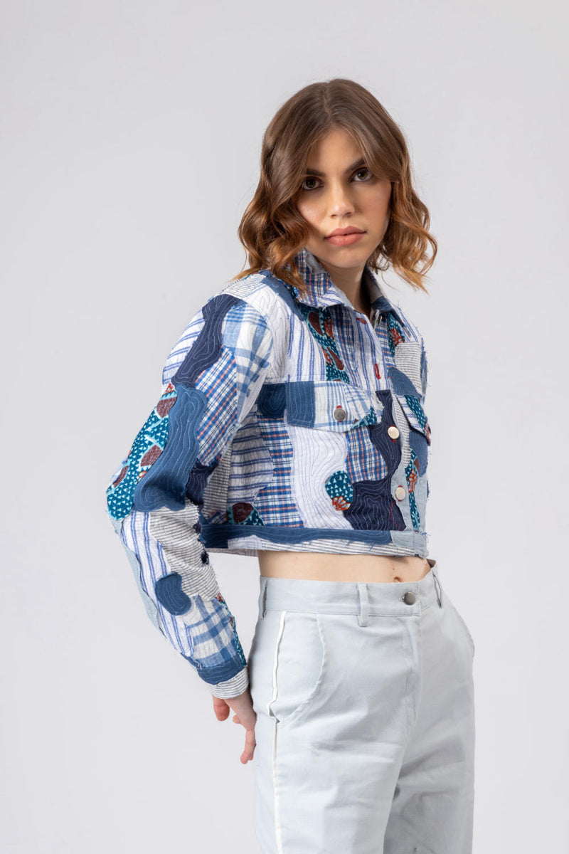 JUNE PATCHWORK JACKET by Doodlage in blue color for women in Singapore