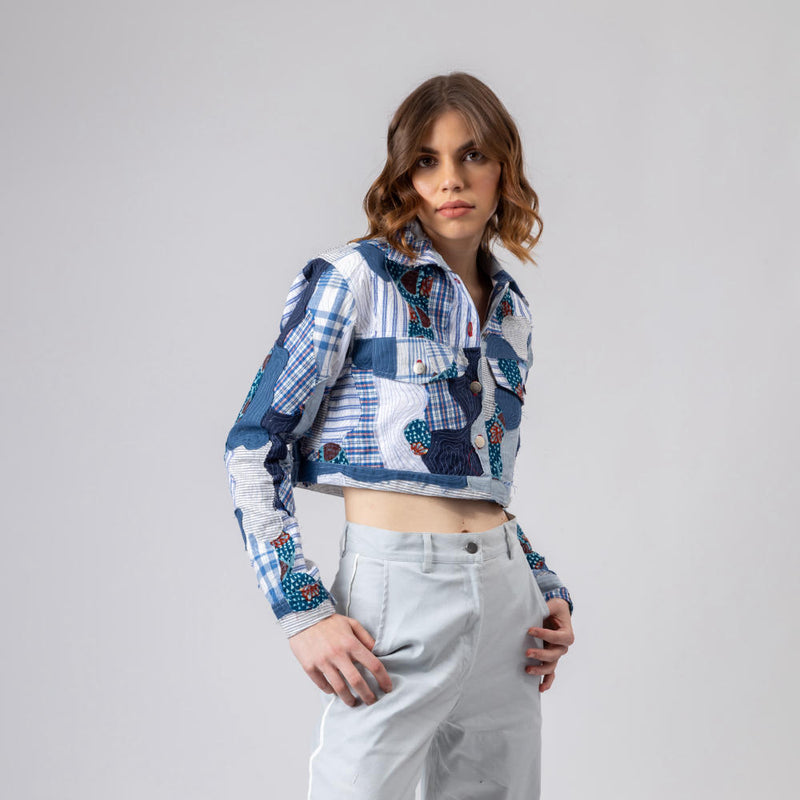 JUNE PATCHWORK JACKET by Doodlage in blue color for women in Singapore