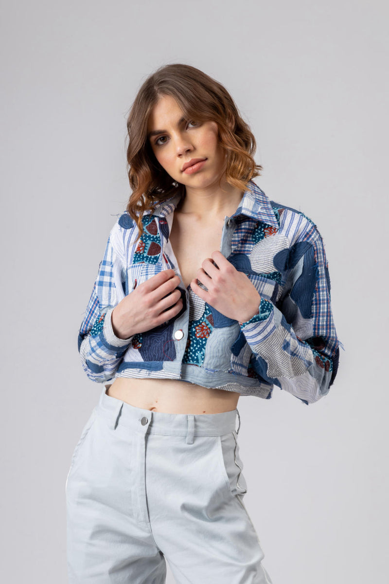 JUNE PATCHWORK JACKET by Doodlage in blue color for women in Singapore
