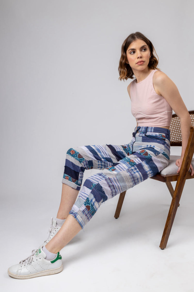 JUNE PATCH WORK PANTS by Doodlage in blue color for women in Singapore