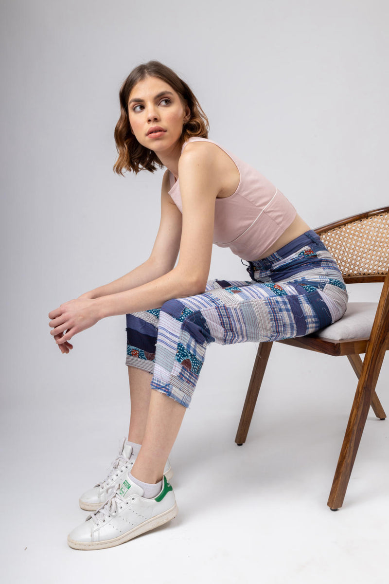 JUNE PATCH WORK PANTS by Doodlage in blue color for women in Singapore
