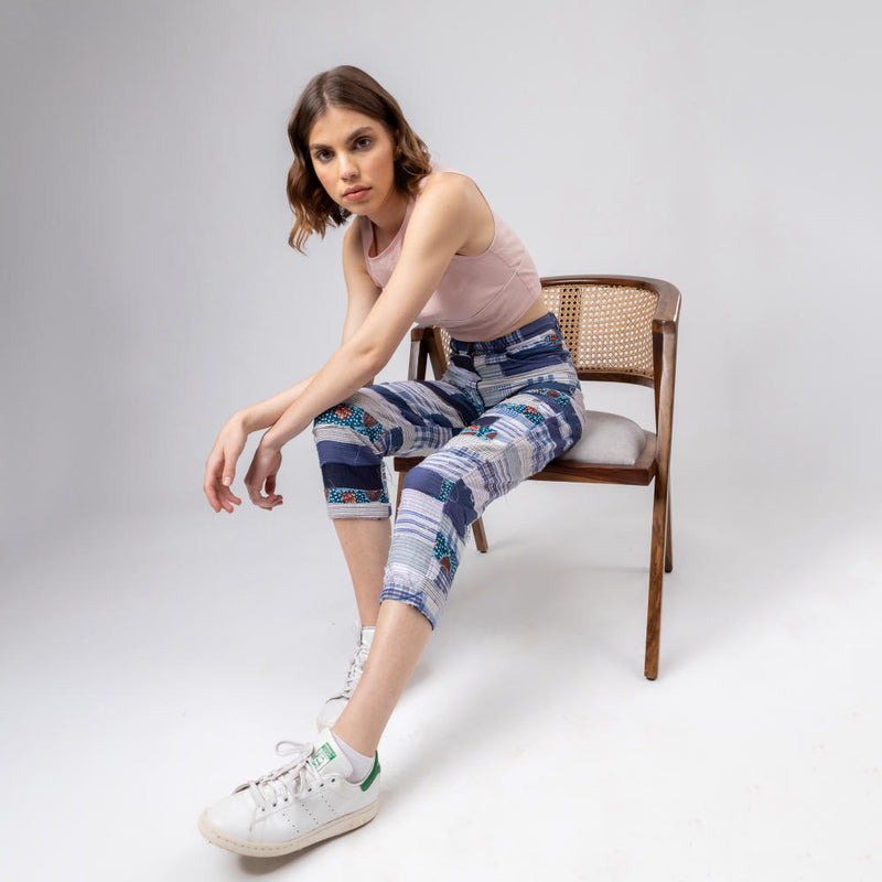 JUNE PATCH WORK PANTS by Doodlage in blue color for women in Singapore