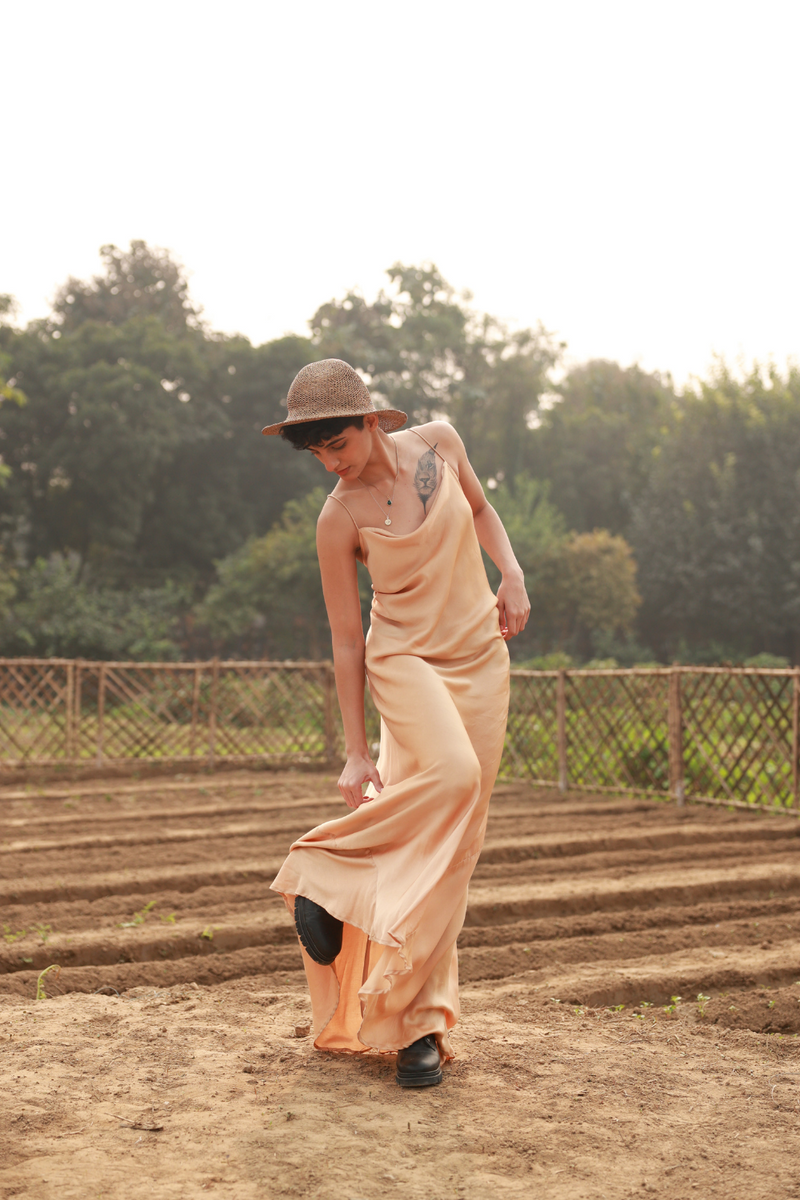LOLA BEIGE DRESS bemberg by Doodlage in beige color for women in Singapore