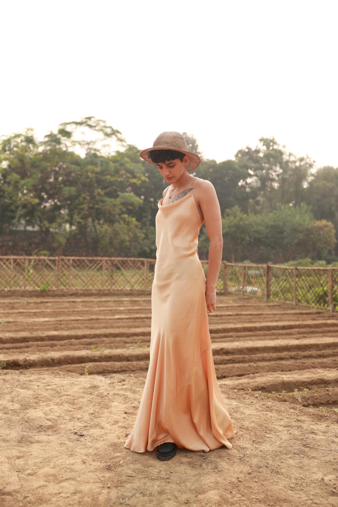 LOLA BEIGE DRESS bemberg by Doodlage in beige color for women in Singapore