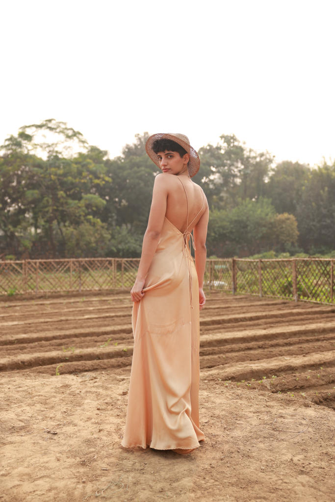LOLA BEIGE DRESS bemberg by Doodlage in beige color for women in Singapore