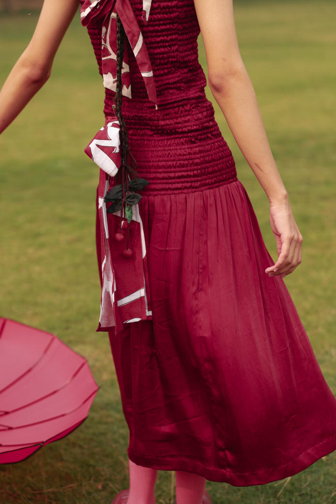 CHERRY DRESS bemberg by Doodlage in red color for women in Singapore