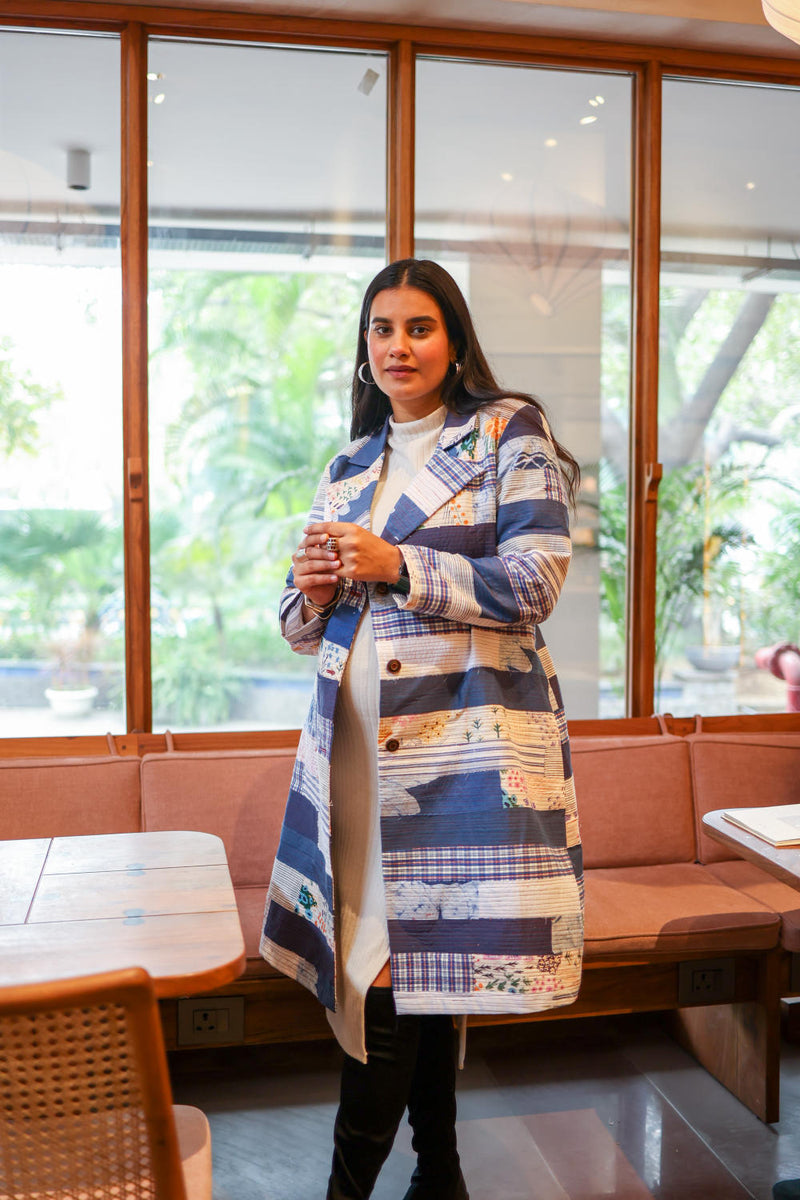 SKY PATCHWORK TRENCH by Doodlage in blue color for women in Singapore