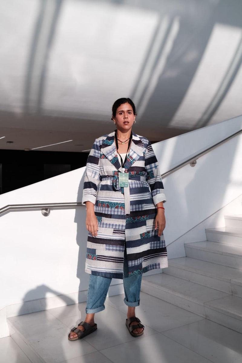 SKY PATCHWORK TRENCH by Doodlage in blue color for women in Singapore