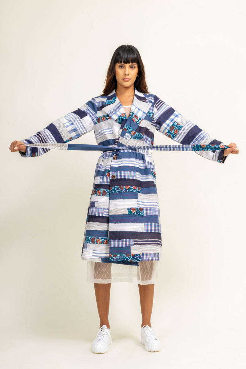 SKY PATCHWORK TRENCH by Doodlage in blue color for women in Singapore
