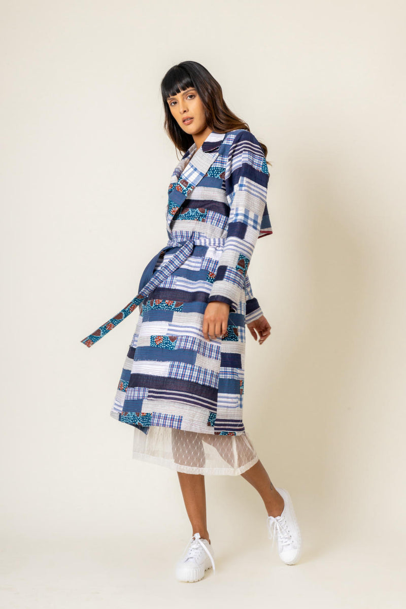 SKY PATCHWORK TRENCH by Doodlage in blue color for women in Singapore