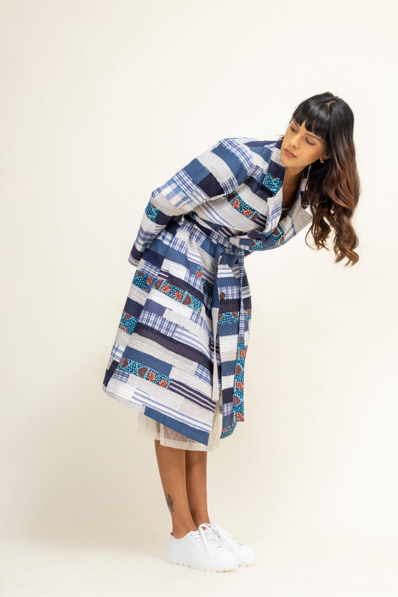 SKY PATCHWORK TRENCH by Doodlage in blue color for women in Singapore