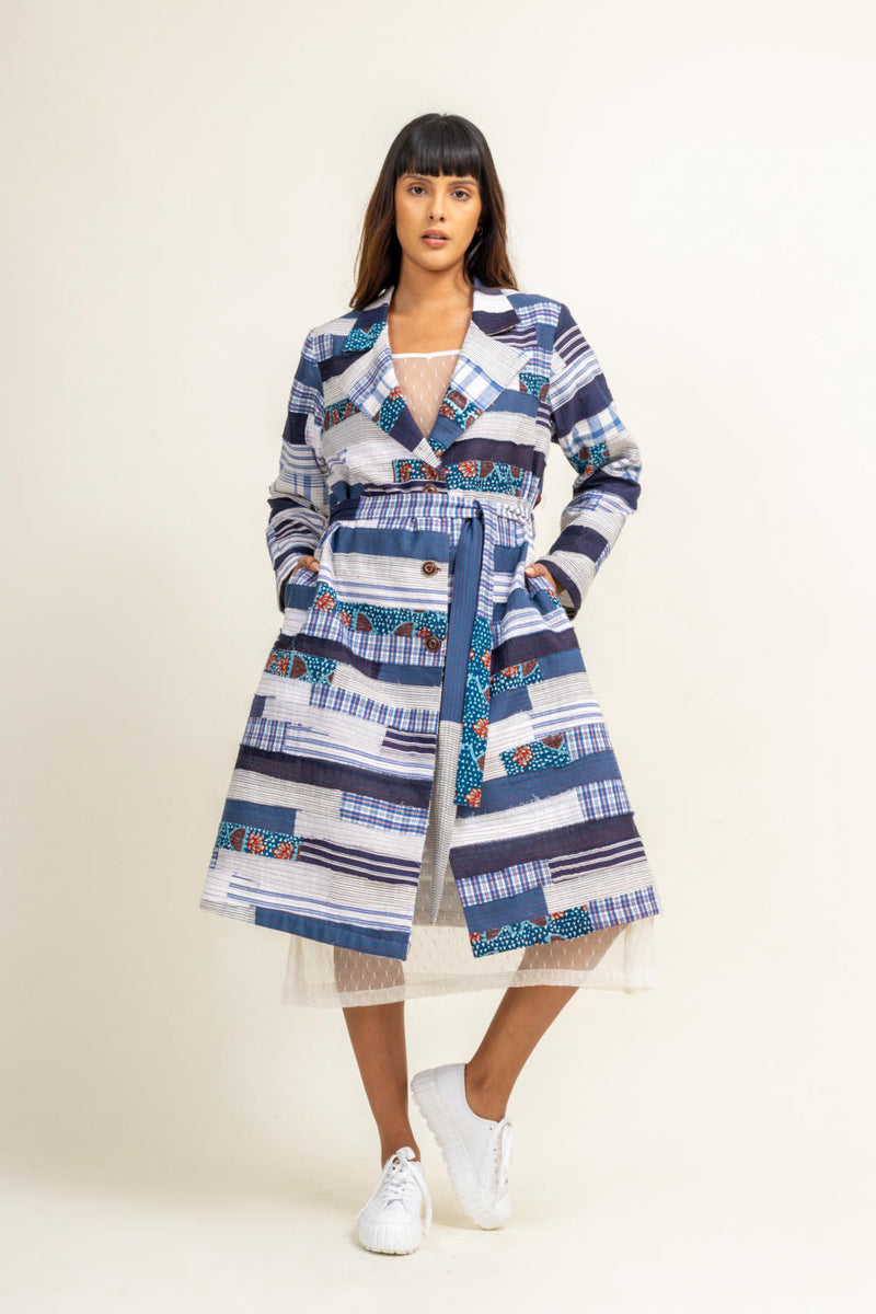 SKY PATCHWORK TRENCH by Doodlage in blue color for women in Singapore