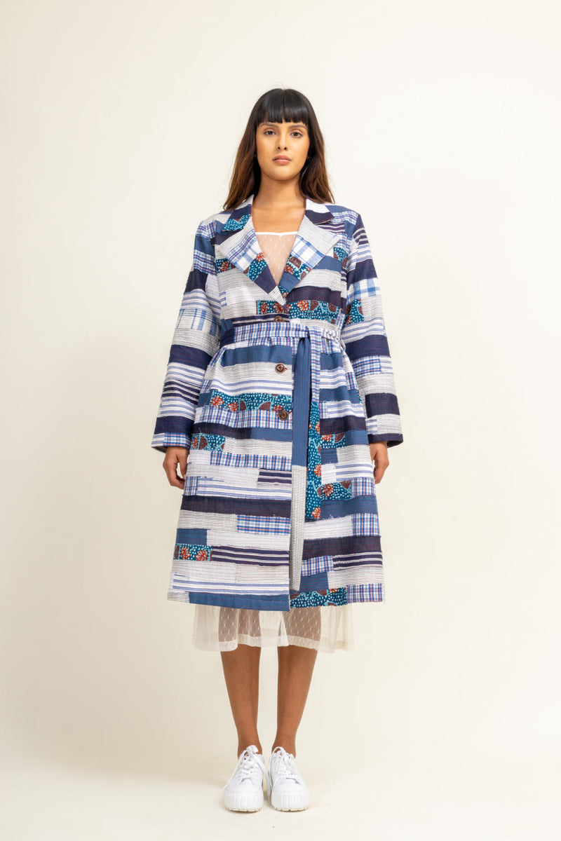 SKY PATCHWORK TRENCH by Doodlage in blue color for women in Singapore