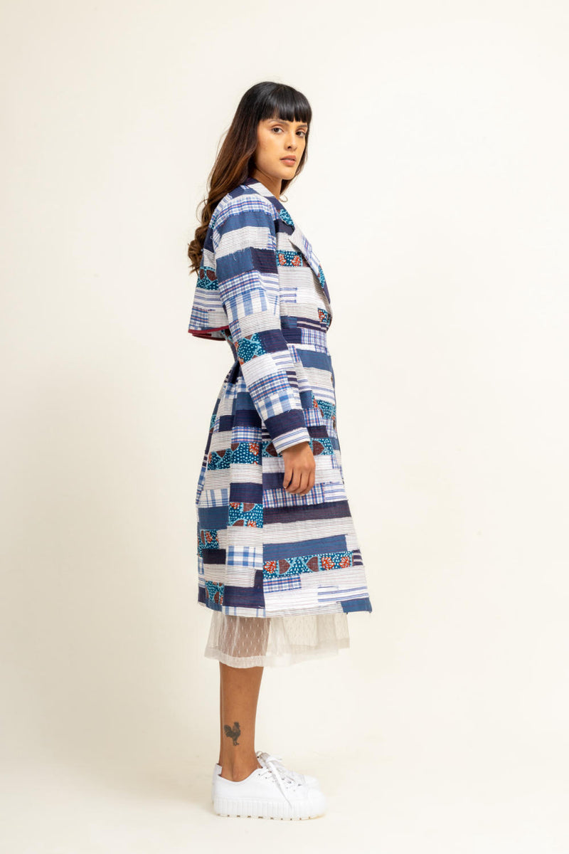 SKY PATCHWORK TRENCH by Doodlage in blue color for women in Singapore