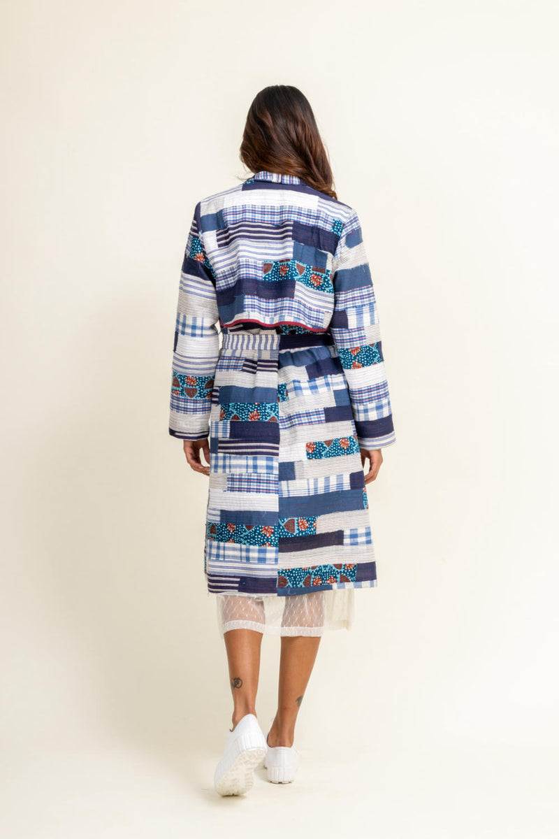 SKY PATCHWORK TRENCH by Doodlage in blue color for women in Singapore