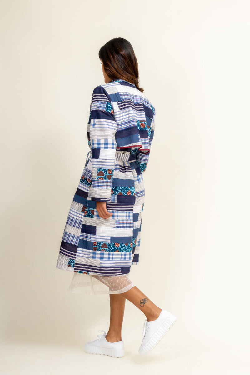 SKY PATCHWORK TRENCH by Doodlage in blue color for women in Singapore