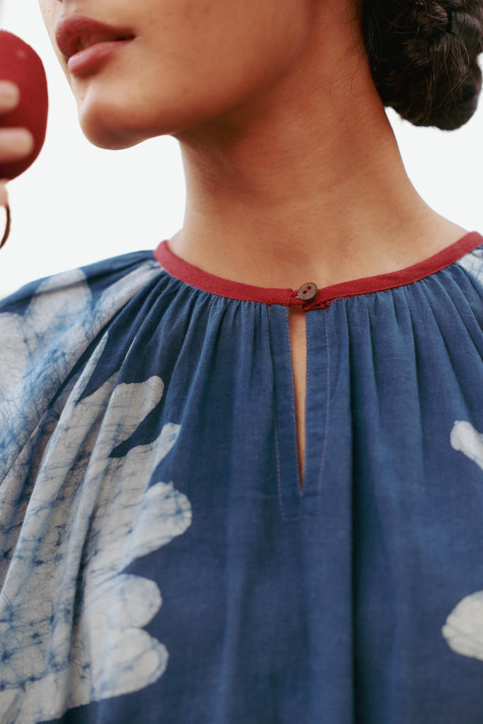 HAYDE BATIK TUNIC upcycled cotton by Doodlage in blue color for women in Singapore