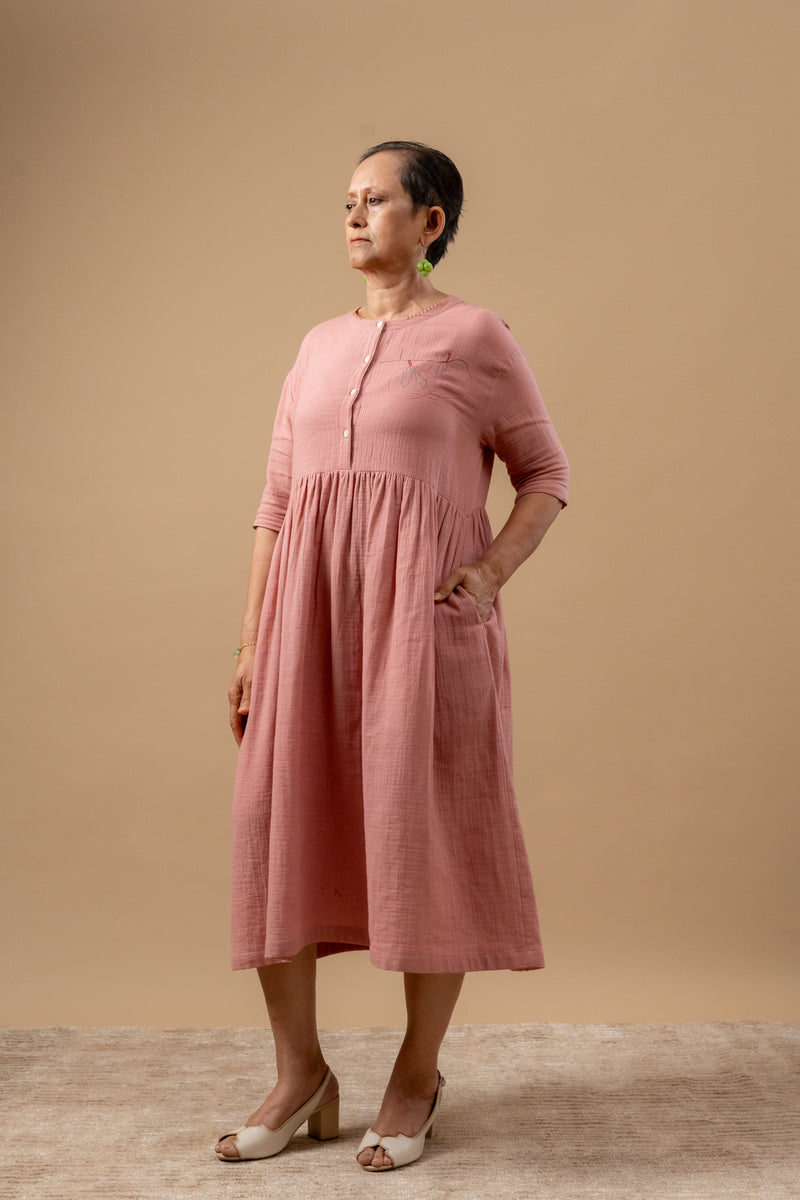 Kara Rose Dress organic cotton gauge by Doodlage in pink color for women in Singapore