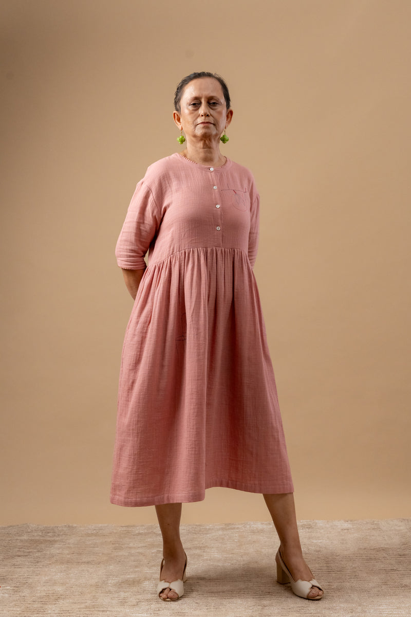 Kara Rose Dress organic cotton gauge by Doodlage in pink color for women in Singapore